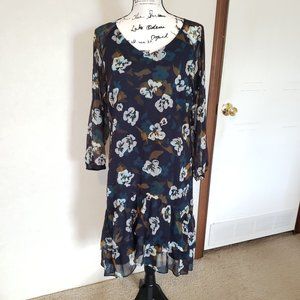 Cabi Pirouette Floral Green Black High Low Ruffle Button Dress 3460 Size Small